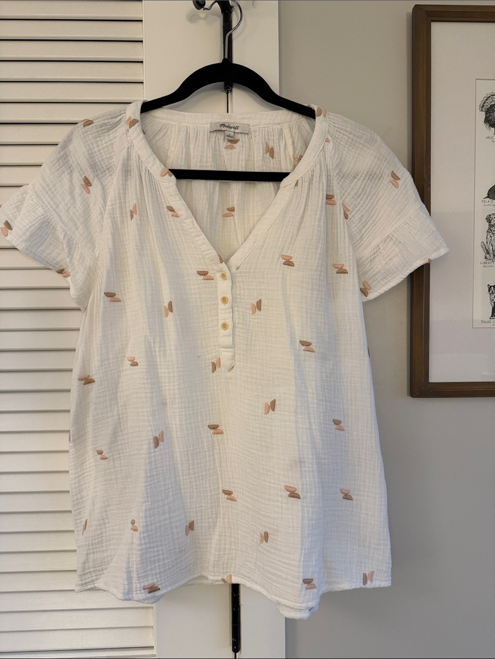 Madewell White Gauze Henley Top with Tan Embroidered Accents